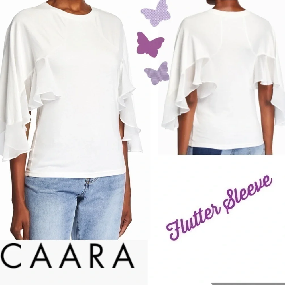 caara White Top Angel Flutter Sleeve Top Blouse 100% Cotton - Picture 13 of 13